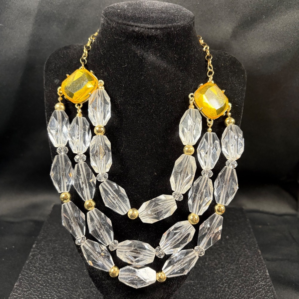 Vintage Triple Strand Bib Necklace Amber Resin Clear Acrylic Faceted Gold Tone